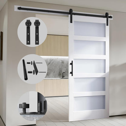 S&Z TOPHAND® 30 in x 96 in Glass Sliding MDF Barn Door with 5FT Sliding Door Hardware Kit, 5 Tempered Frosted Glass, Slab Inside Covered with Water-Proof PVC Surface, Simple DIY Assembly