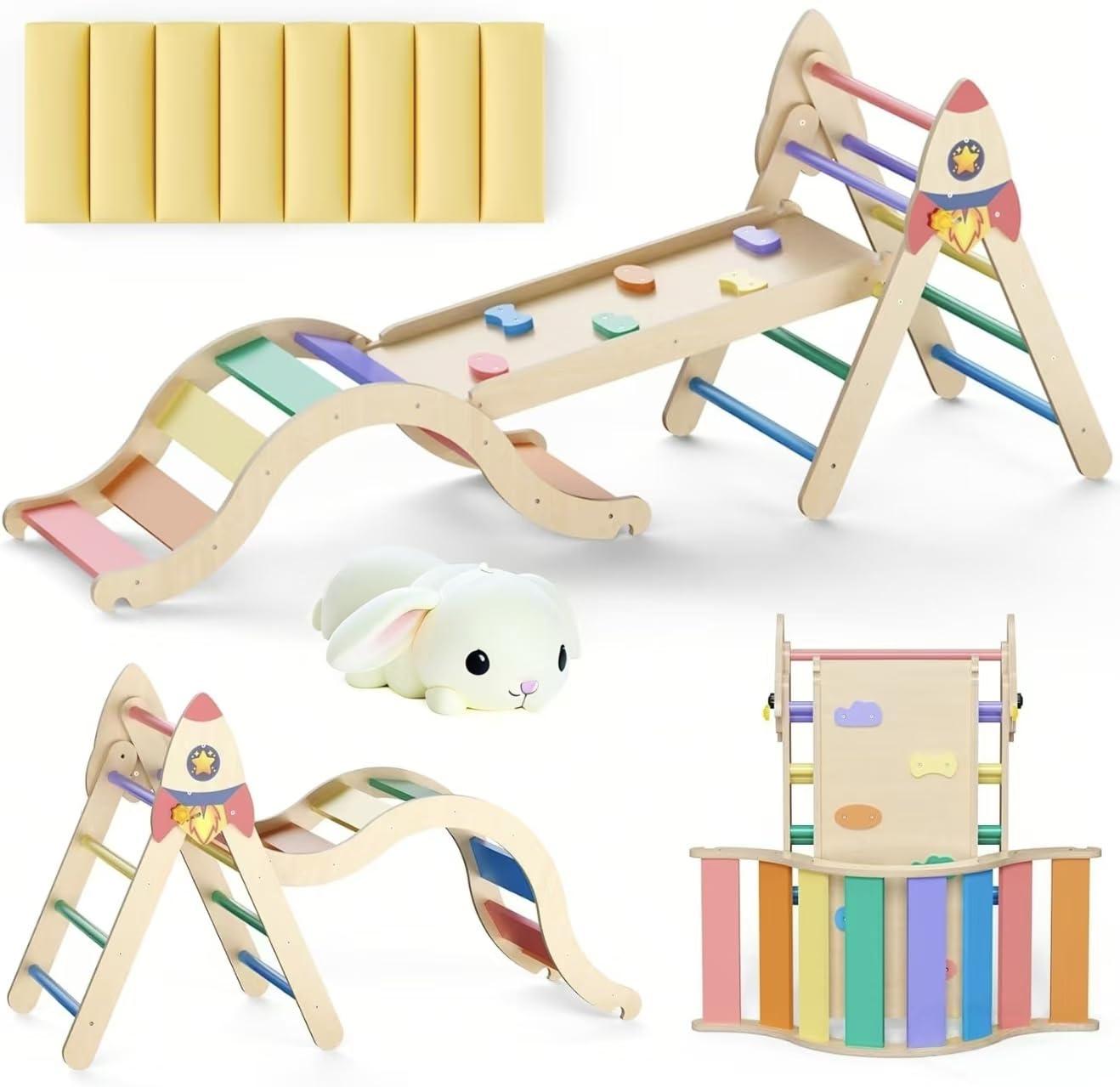 KidsBuddy Pikler Triangle Set with Cushion, 9-in-1 Climbing for Inside, Montessori Indoor, Large Wooden Pikler Triangle Climbing Set004