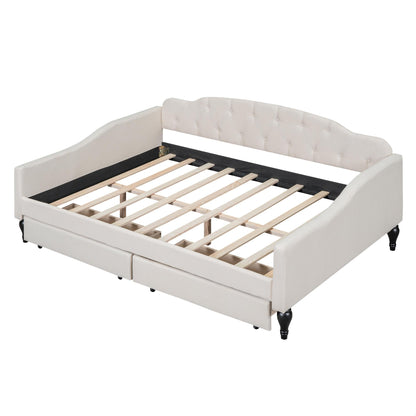 GDFStudio Full Size Upholstered Tufted Daybed with Two Storage Drawers – Linen Fabric, Solid Wood Frame, Space-Saving Design, Beige