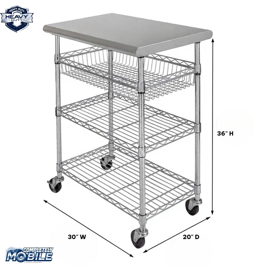 Heavy-Duty Stainless Steel Utility Cart with Shelves and Wheels, Multi-Purpose Storage Organizer for Kitchen, Garage, Office，Wire Basket，NSF Certified (3-Tier)