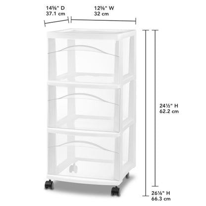 Sterilite 8 Pack 3 Drawer Storage Cart, Plastic Medium Organizer with Wheels, White - Multipurpose Bin for Crafts, Accessories, or Office Supplies