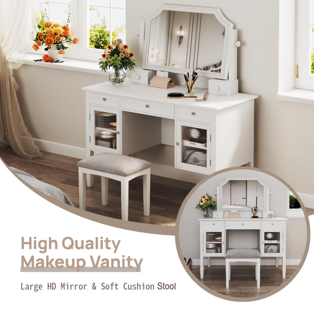 Merax Makeup Vanity Desk with Large Adjustable Mirror & Stool, Minimalist Dressing Table Set with 5 Drawers & 2 Cabinets, Space-Saving Beauty Station for Bedroom Salon Barber Store, White