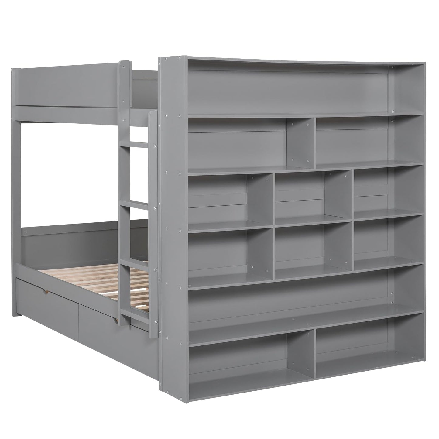 Merax Full Over Full Bunk Bed with 2 Drawers and Multi-Layer Cabinet, Gray