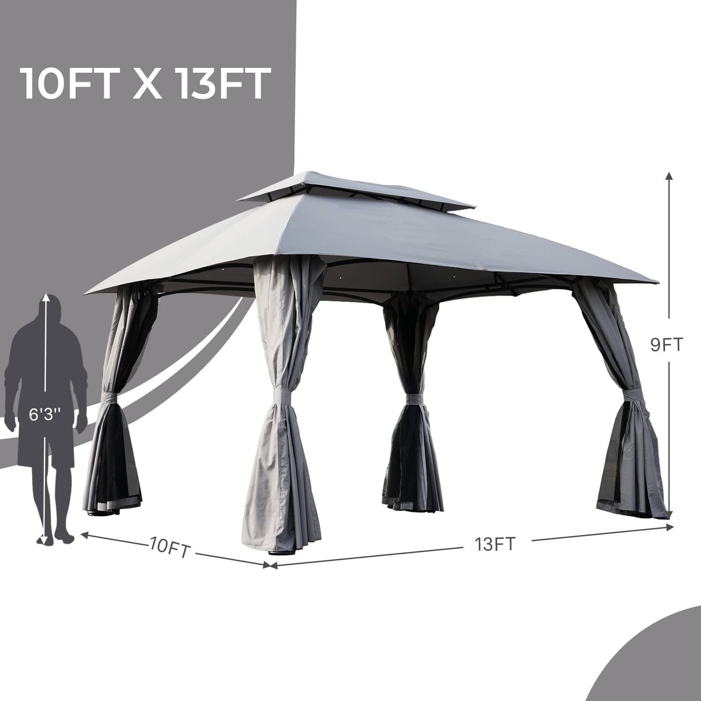 Grand Patio 10x13 Gazebo Double Soft Top Canopy Anti-UV Shelter with Privacy Curtains and Netting for Patio Deck Backyard Garden Lawns