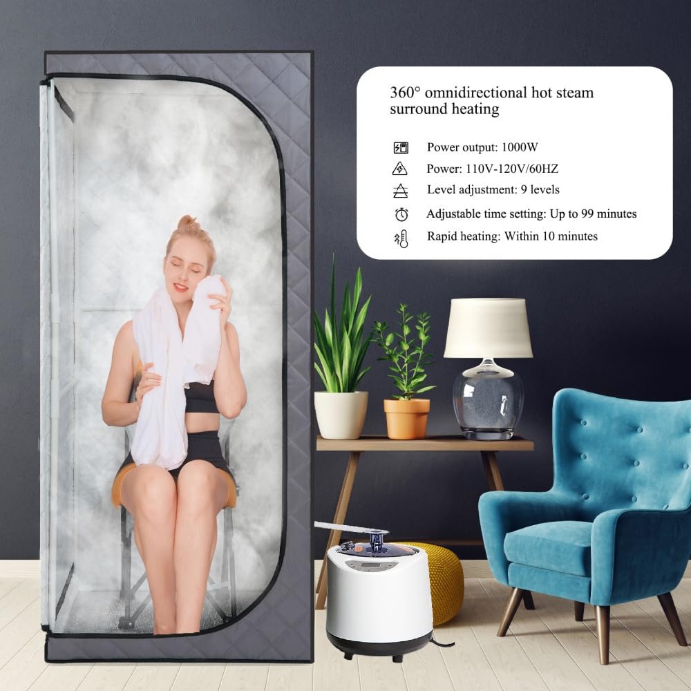 Full Size Portable Grey Steam Sauna Tent – Personal Home Spa with Fast Heating Steam Generator, Remote Control, Foldable Chair & Timer, Easy to Install PVC Frame, FCC Certification