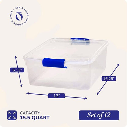 HOMZ 12-Pack Clear Plastic Storage Organizer Bins - 15.5 Quart Stackable Containers for Home & Office