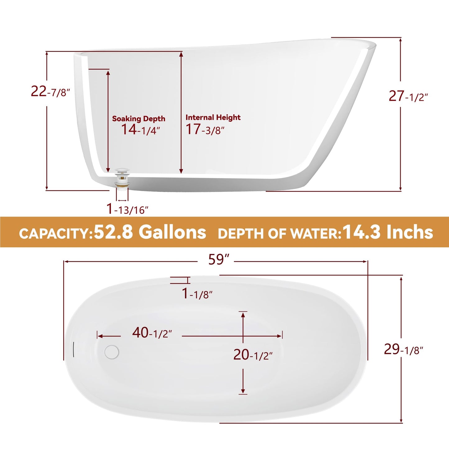 59" Free Standing Tub, Pure Acrylic Freestanding Bathtub, Stylish Stand Alone Contemporary Deep Soaking Bath Tub, cUPC Certified SY9950 (Glossy White)