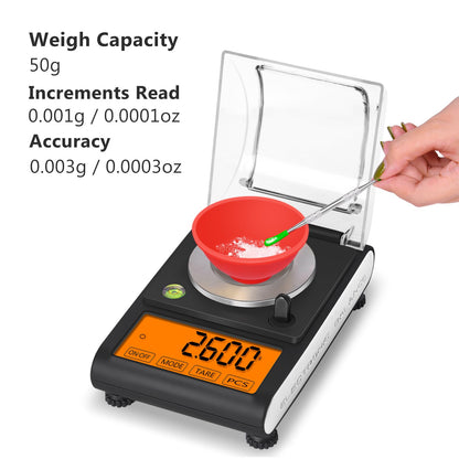 Fuzion Milligram Scale 50g/0.001g, Digital mg Scale with Calibration Weights, Jewelry Scale with Tweezers, Spoon, Bowl, Brush, Micro Scale for Powder, Gold, Herb, Large Display