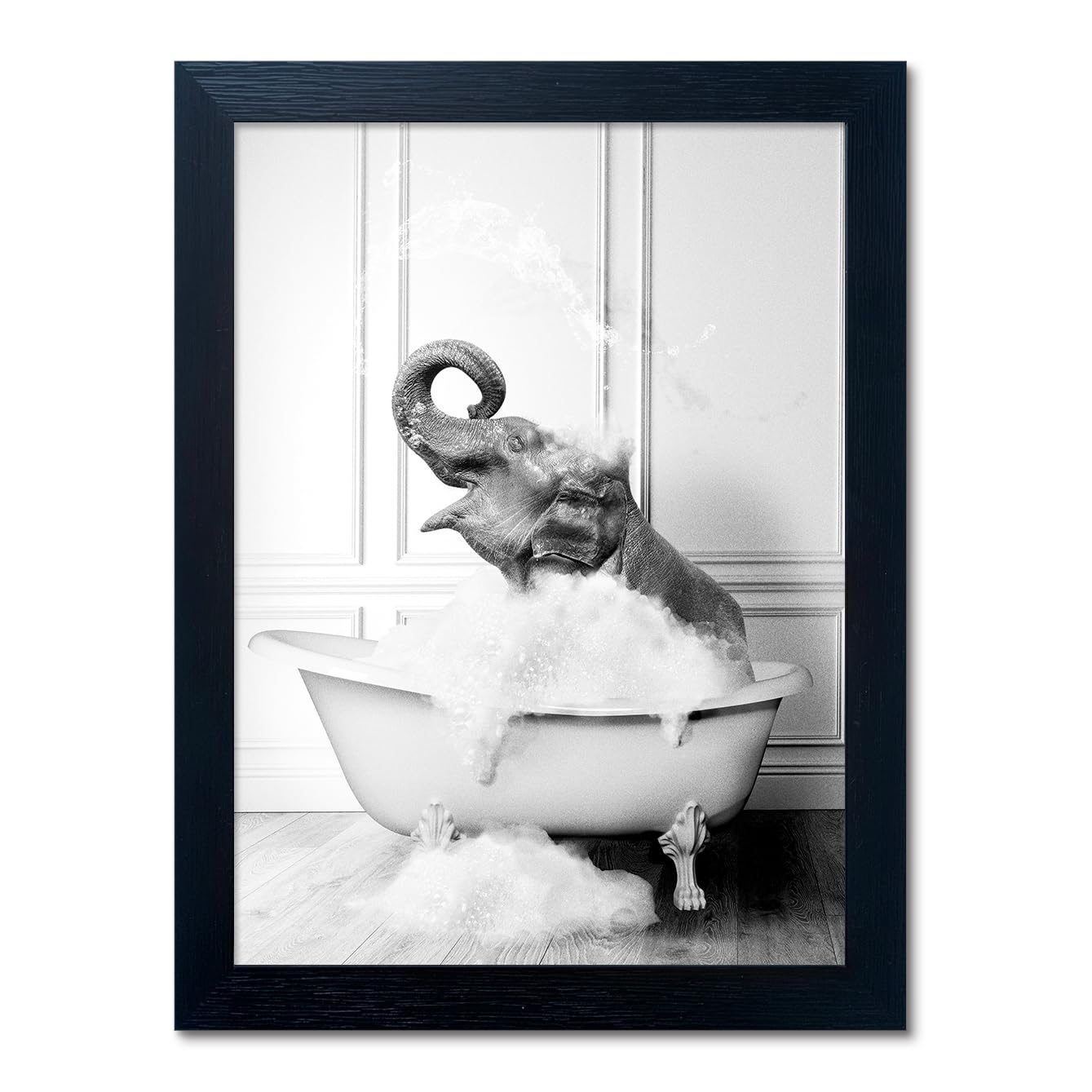 Bathroom Picture Wall Decor, Framed Black and White Bathroom Wall Art, Toilet Paper in Little Funny Raccoon's Hand Animal Canvas Print Painting