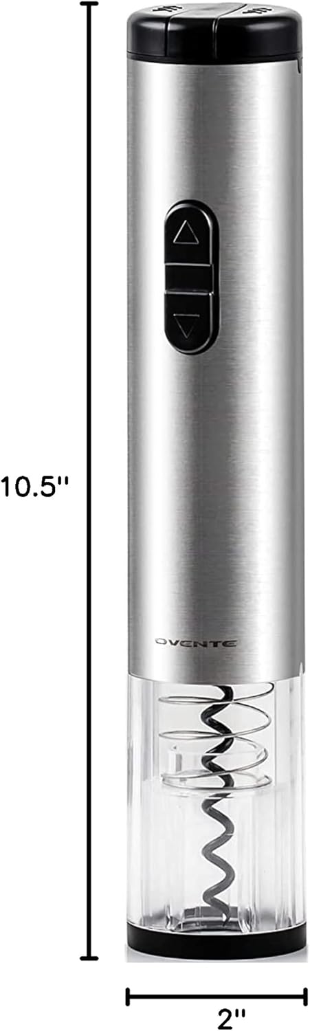 OVENTE Electric Wine Opener with Foil Cutter, Automatic Bottle Corkscrew Remover, Battery Operated, Silver WO1381S