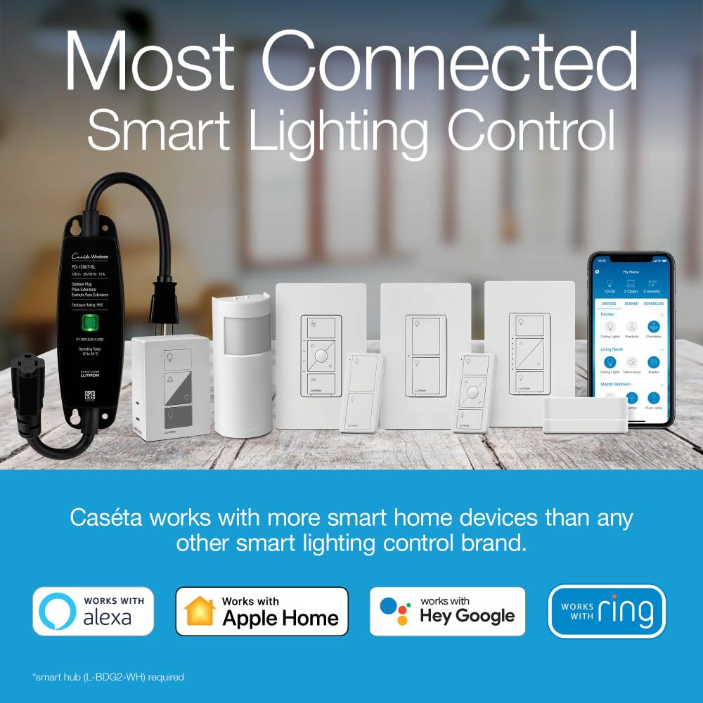 Lutron Caseta Smart Switch 3-Way Kit, with Pico Remote, Wallplate, Wall Bracket for LED Lights and Fans, 5 Amp, Neutral Required, P-PKG1WS-WH