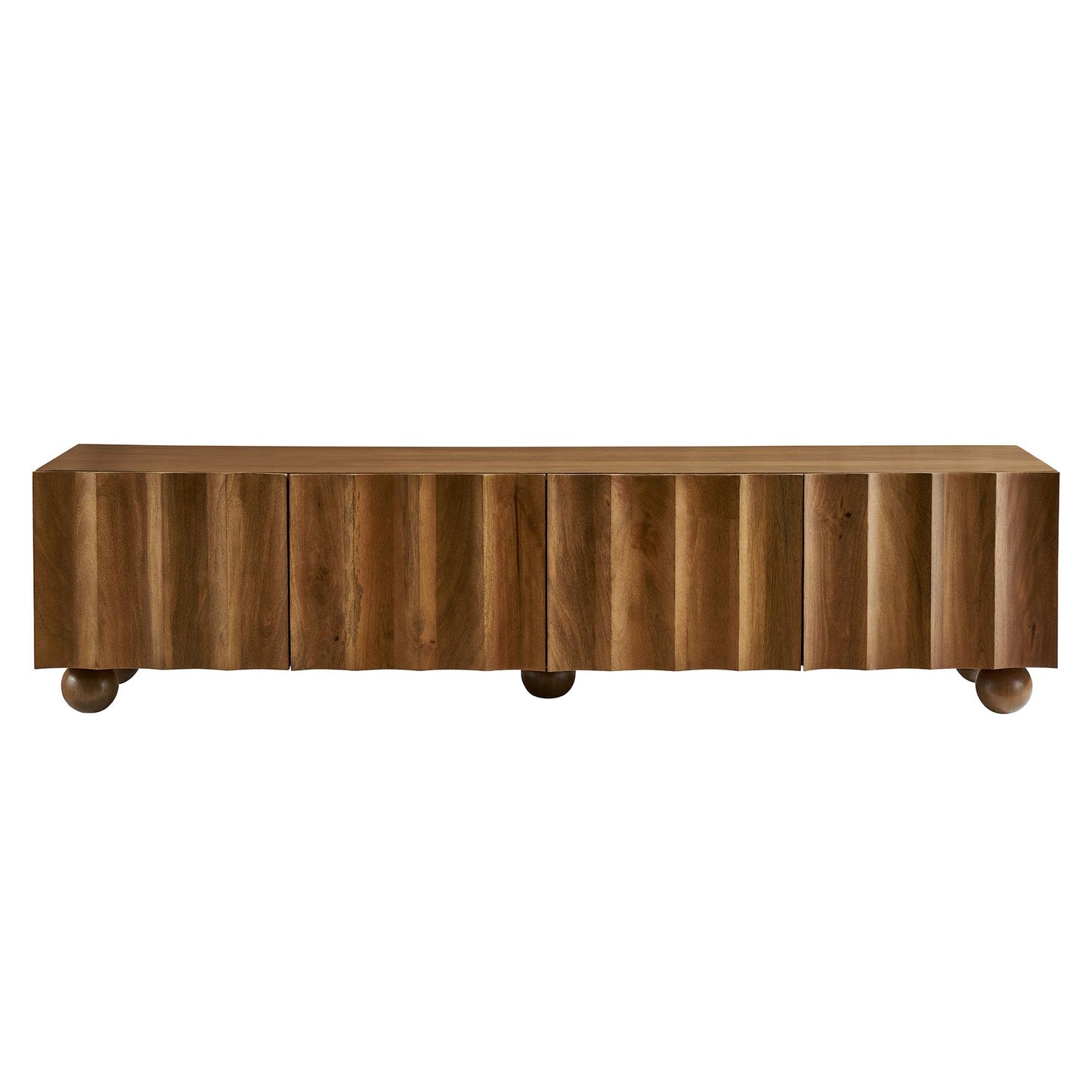 Modway Sorren 71 Inch Scalloped TV Stand in Walnut – 4 Door Media Console Cabinet – Modern Storage TV Stand with Doors