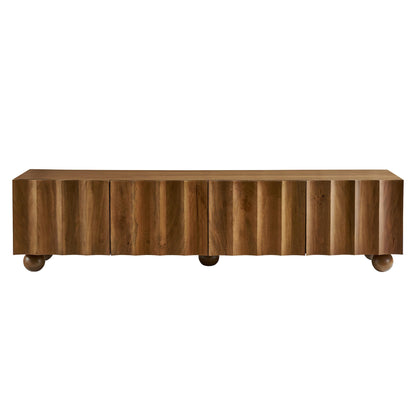 Modway Sorren 71 Inch Scalloped TV Stand in Walnut – 4 Door Media Console Cabinet – Modern Storage TV Stand with Doors