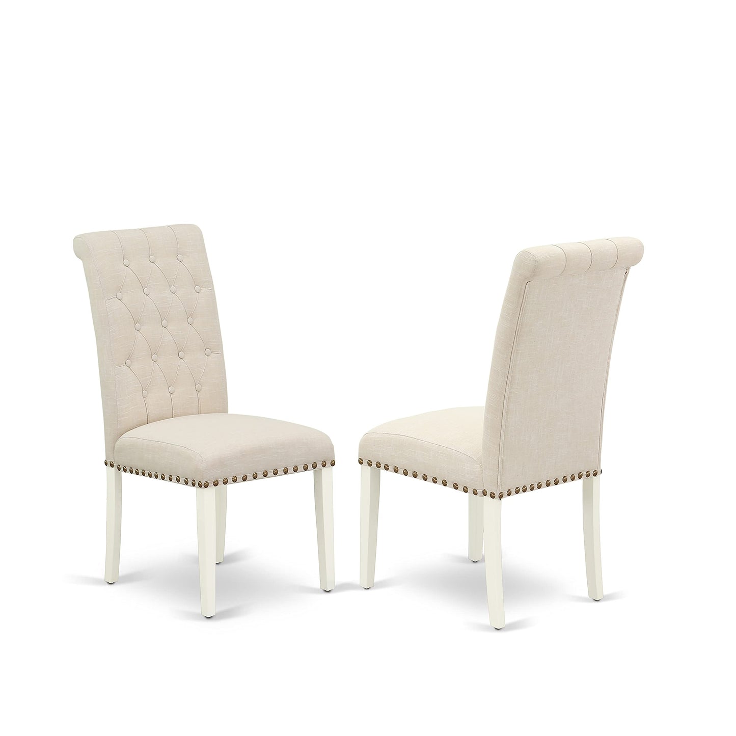 East West Furniture HLBR5-LWH-02 5 Piece Dining Room Furniture Set Includes a Round Dining Table with Pedestal and 4 Light Beige Linen Fabric Upholstered Chairs, 42x42 Inch, Linen White