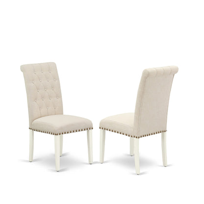 East West Furniture HLBR5-LWH-02 5 Piece Dining Room Furniture Set Includes a Round Dining Table with Pedestal and 4 Light Beige Linen Fabric Upholstered Chairs, 42x42 Inch, Linen White