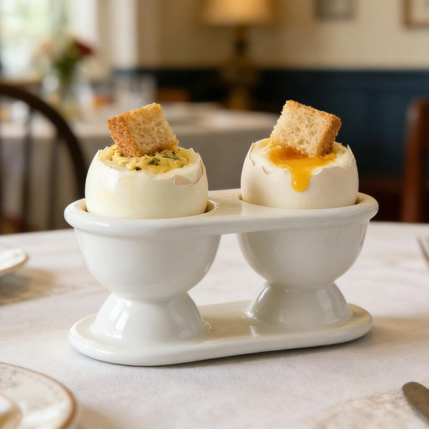 Cinf Ceramic Double Egg Cup 2PCS Porcelain Boiled Egg Holder for Breakfast Cooking Easy to Clean Childhood Memories Kitchen,White 2Pack