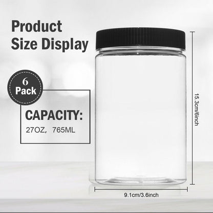 Vumdua 27 Ounce Plastic Jars with Lids, 6 Pack Food Storage Containers Airtight, Clear Containers for Organizing