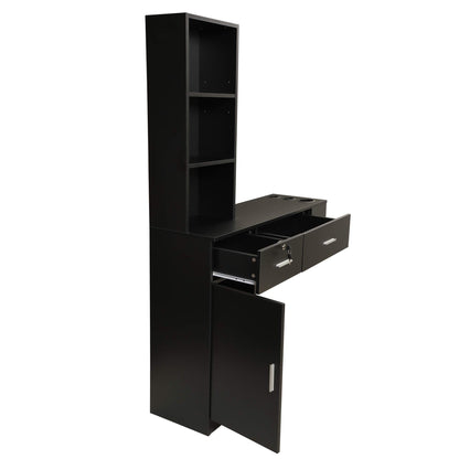 Wall Mount Hair Styling Barber Station Beauty Hair Salon Spa Equipment Set W, 3 Tier Shelf, Lockable Drawer, Black