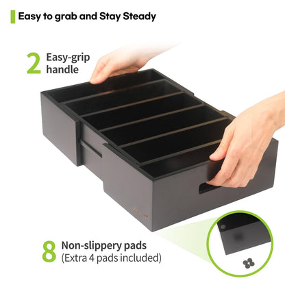 CLEANCLUE Expandable Kitchen Cabinet Organizer for Food Storage Container Lids, Bamboo Drawer Caddy Adjustable Dividers, Box for Kitchen Storage and Organization, Lids Organizer for Cabinet (Black)