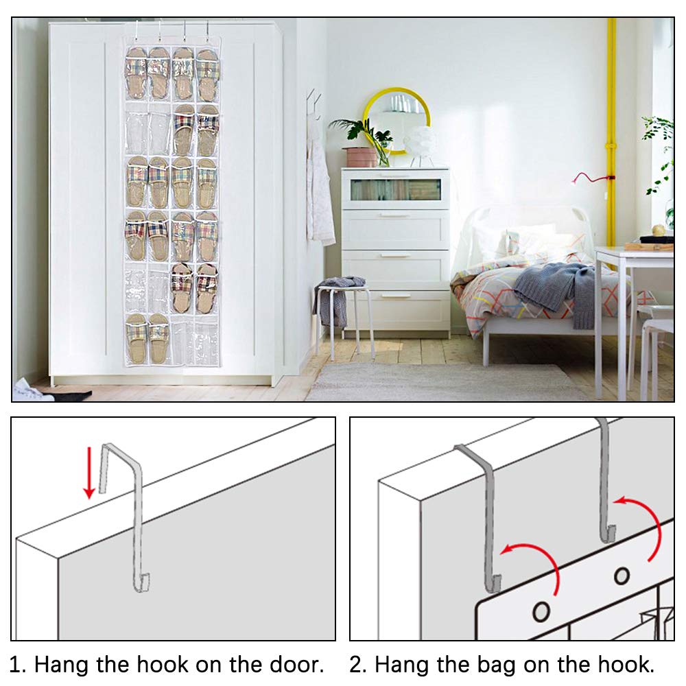 QUMENEY 24 Pockets Over The Door Shoe Organiser, Folding Hanging Organiser Shoe Racks with Hooks, Heavy-Duty Hanging Mesh Shoe Holder for Badroom, Bathroom, Wardrobe (1)
