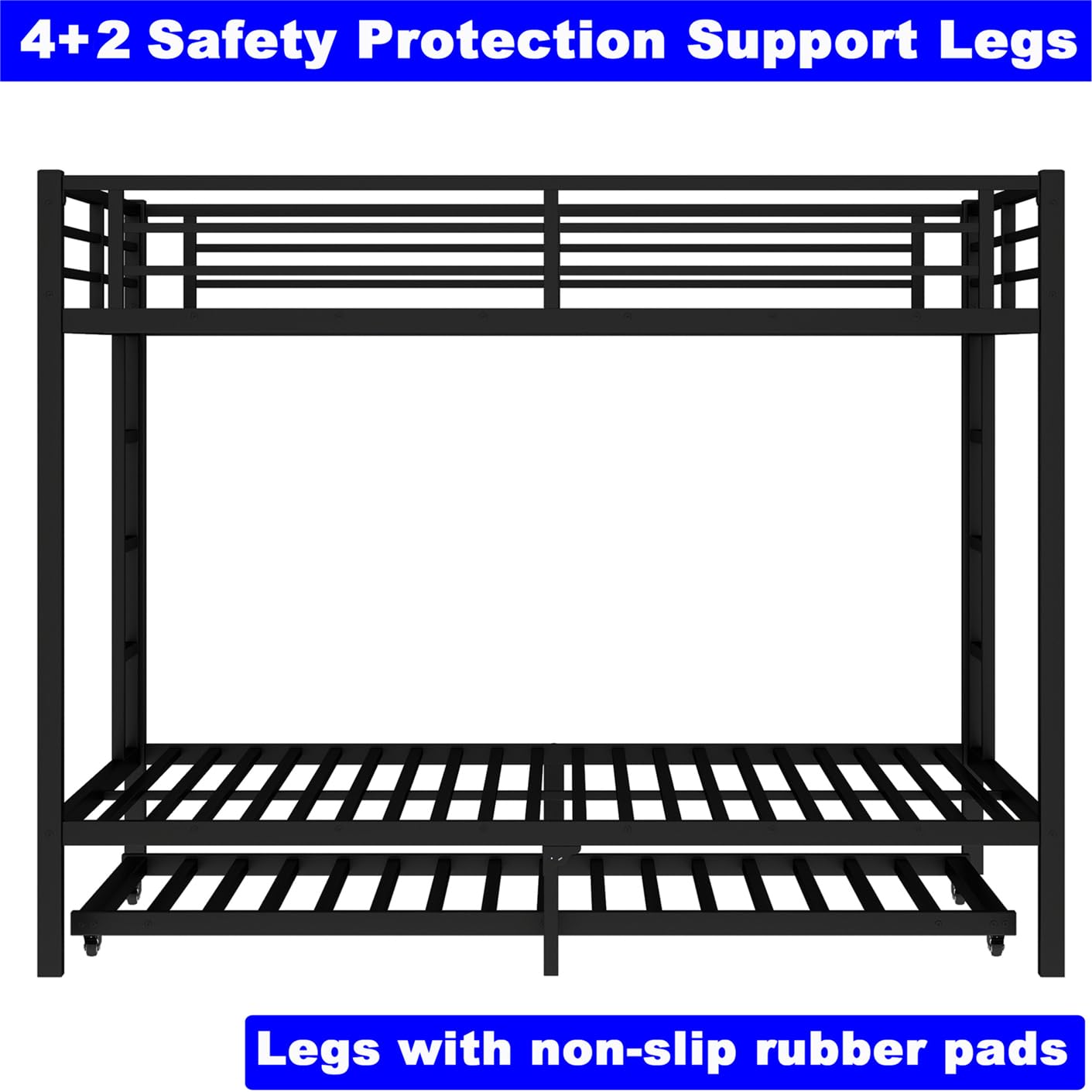 STERXONE Upgraded Version Thicken Metal Heavy Duty Queen Over Queen Bunk Bed with Twin Size Trundle, Stronger Steel Bunk Bed with Ladder for Adults, Easy Assembly (Queen Over Queen)