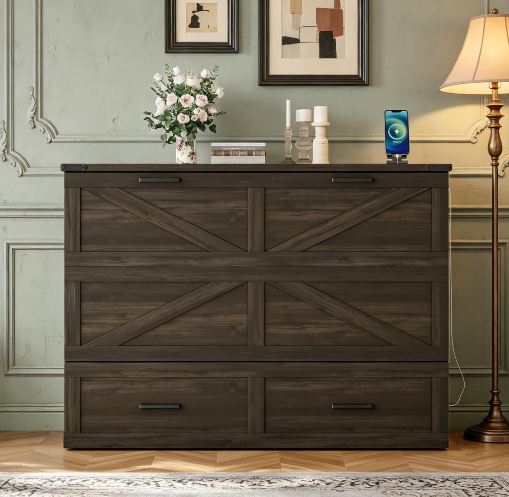 Bellemave Full Size Murphy Bed with Charging Station and Storage, Farmhouse Murphy bedframe with Foldable Panel, Noisy Free, for Guest Bedroom, Living Room, Office, Rustic Gray
