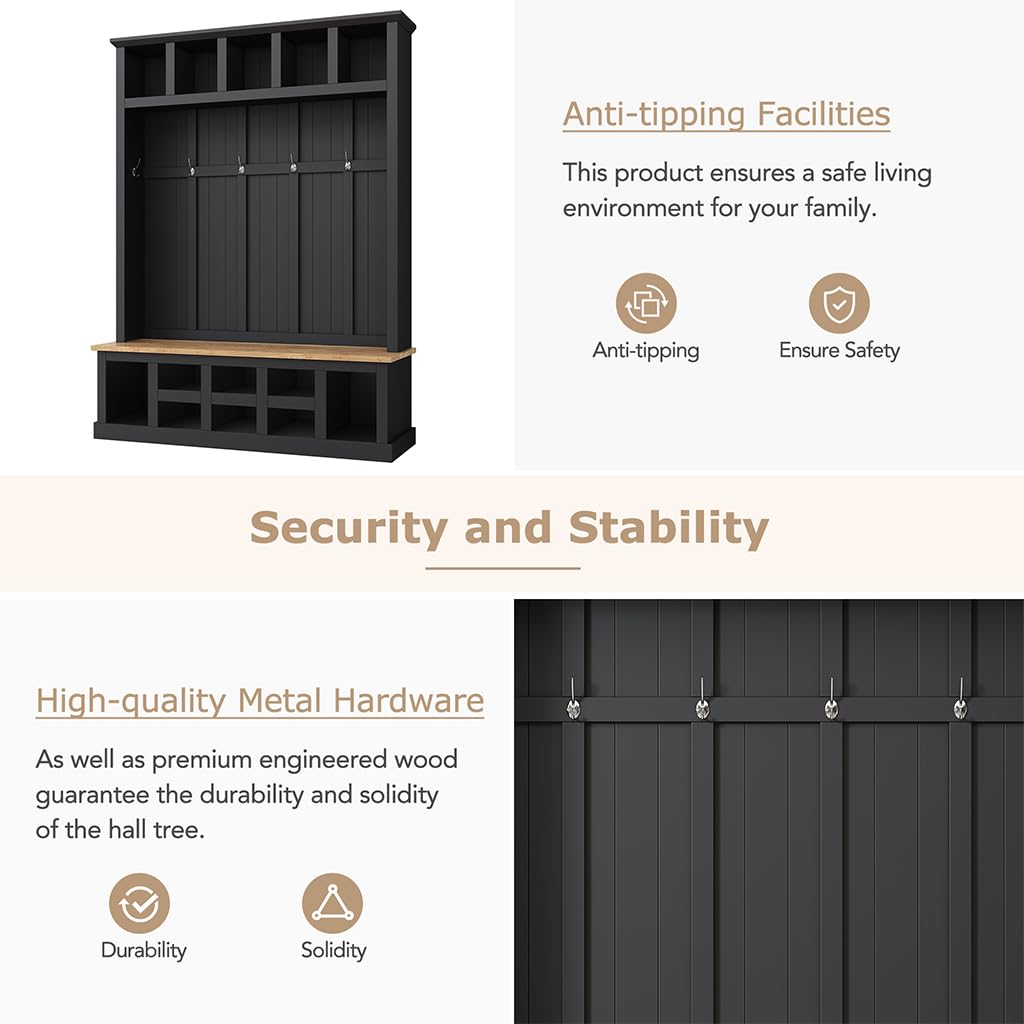 Hall Tree with Bench and Shoe Storage, 3-in-1 Entryway Furniture with Shoe Bench, 13 Open Compartments and 6 Hooks, Multifunction Hall Tree for Hallway, Entryway, Bedroom, 18"D x 59"W x 78.8"H,Black