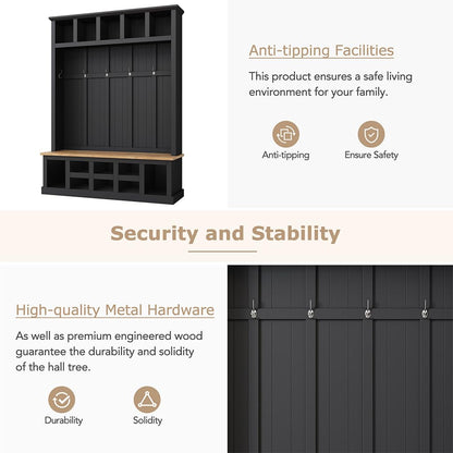 Hall Tree with Bench and Shoe Storage, 3-in-1 Entryway Furniture with Shoe Bench, 13 Open Compartments and 6 Hooks, Multifunction Hall Tree for Hallway, Entryway, Bedroom, 18"D x 59"W x 78.8"H,Black