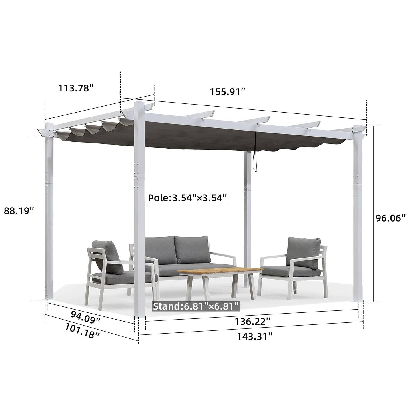 PURPLE LEAF 10' x 13' Outdoor Retractable Pergola Heavy-Duty Aluminum White Pergola with Sun Shade Canopy Patio Modern Shelter for Garden Yard Deck Grape Trellis, Grey