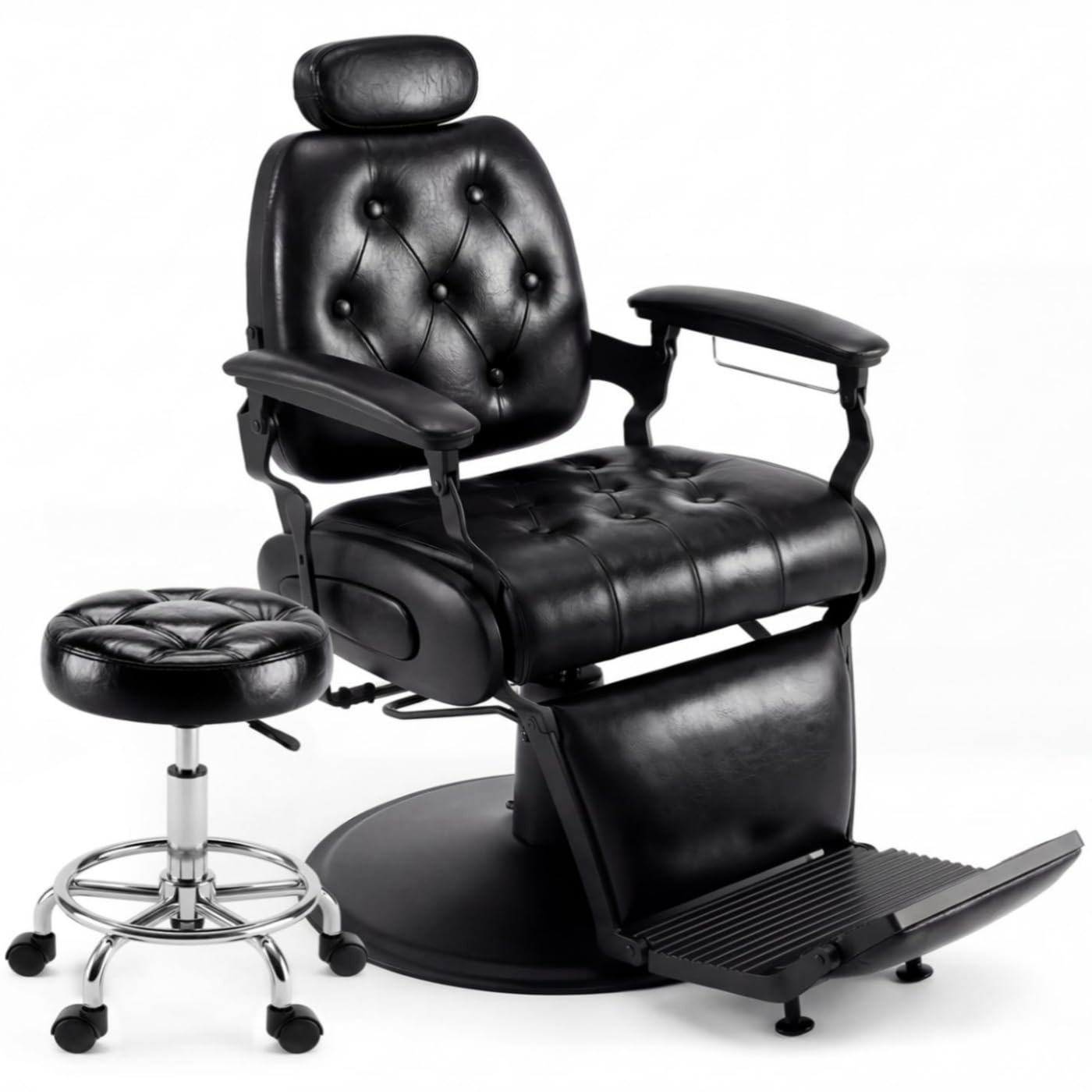 Oakvera Barber Chair with Stool, Heavy Duty Vintage Recline Hydraulic Barber Chair with Towel Bar, 360° Swivel All Purpose Professional Salon Chair Barber Shop Beauty Salon Shampoo Equipment, Black