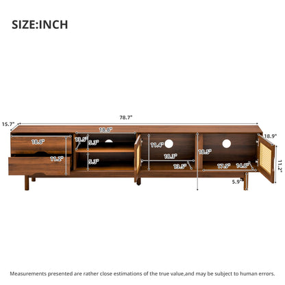 Merax Rattan TV Stand 78 Inch for 85 Inch TV, Modern Media Console with 2 Drawers, Wood Entertainment Center with Solid Wood Legs for Living Room