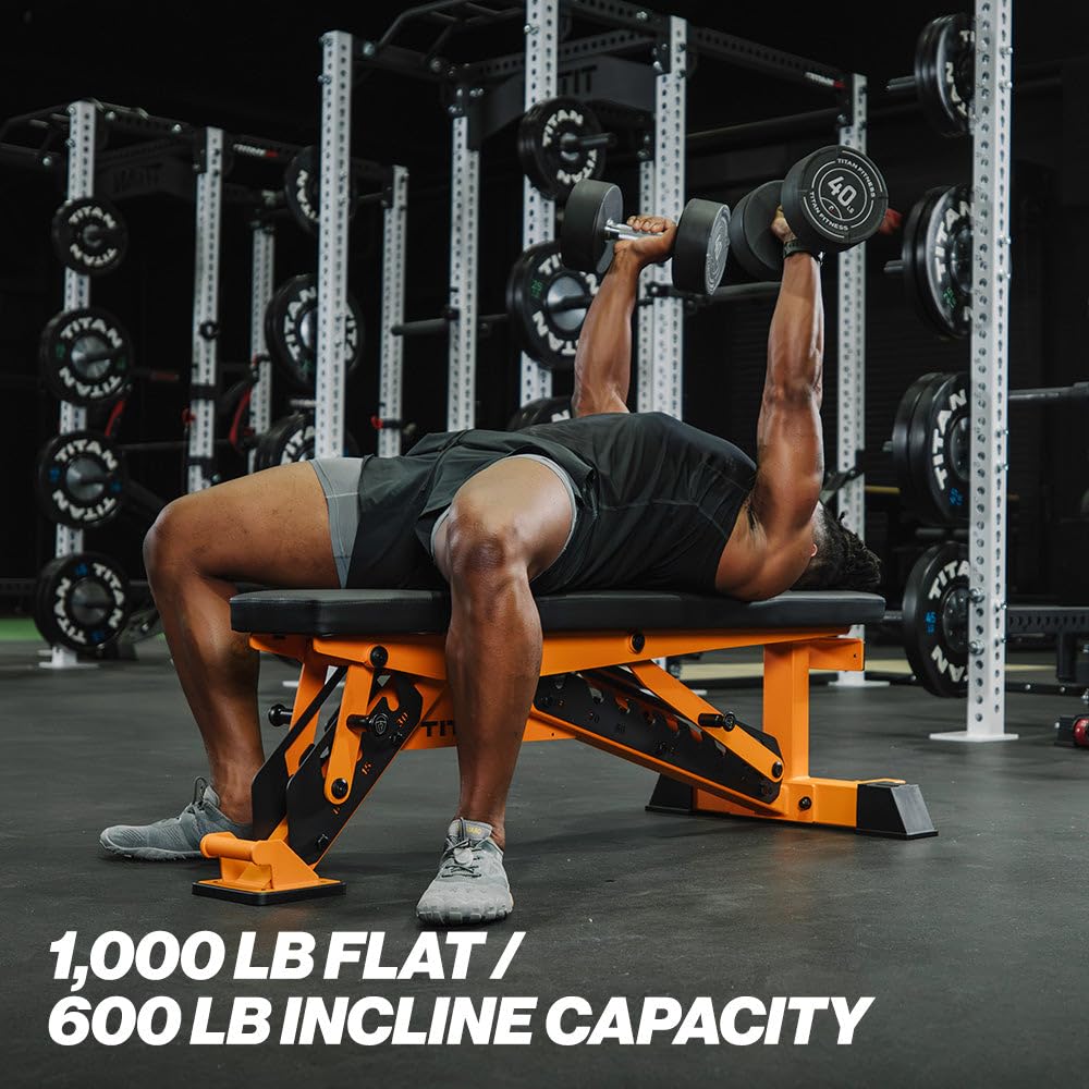 Titan Fitness TITAN Series Orange Adjustable Bench, Supports 600 LB Incline, 1,000 LB Flat, Versatile Single Post Utility Workout Bench for Home Gym, Weightlifting, Strength Training