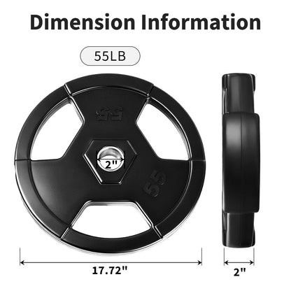 Rubber Grip Weight Plates Pair 55 LB, Cast Iron Core, Stainless Steel Ring, Triple-Handle Design for 2-Inch Barbell, Home Gym Strength Training, Floor Protection, Quiet Lifts