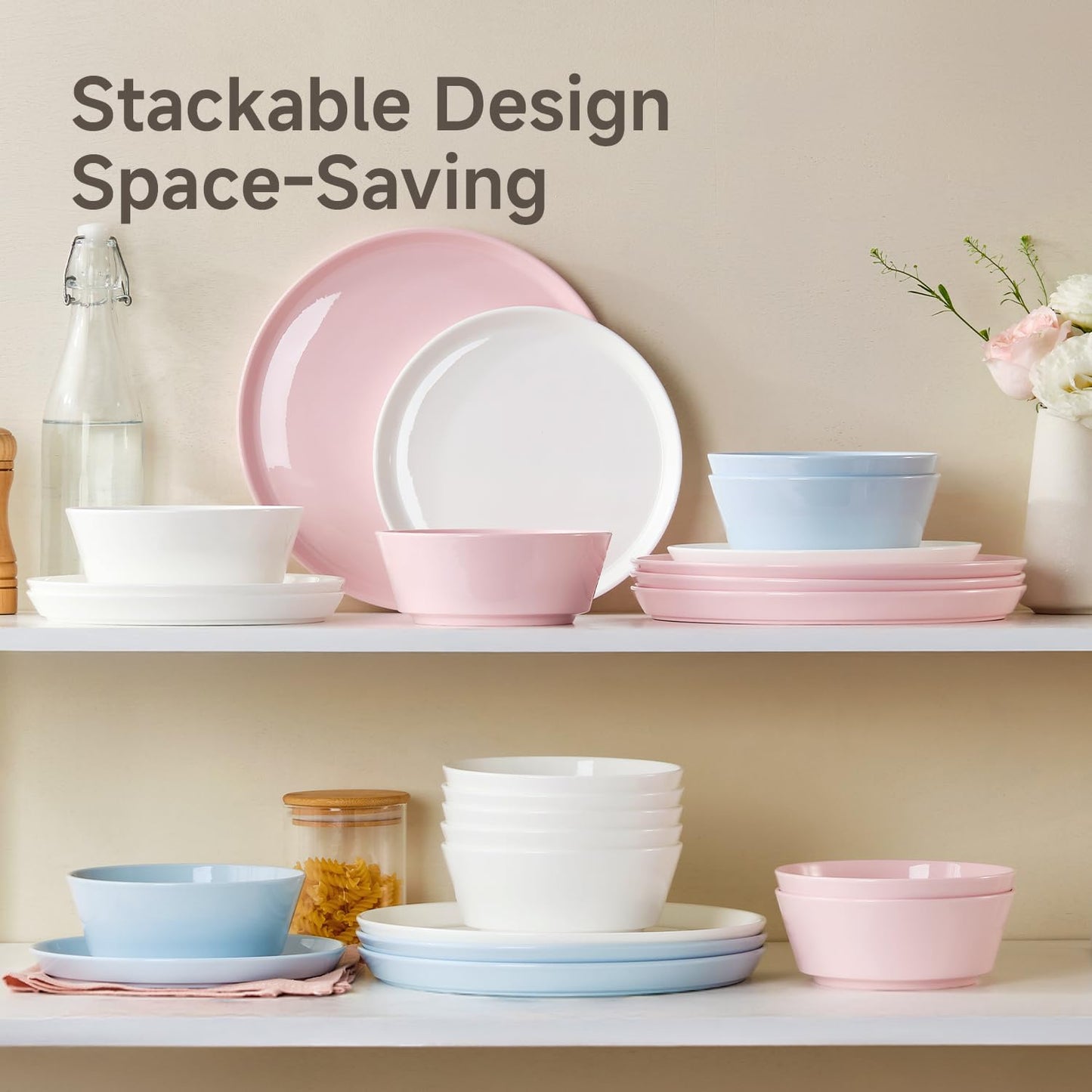 KINGSTONE Bone China Dinnerware Sets for 6, 18-Piece Lightweight Porcelain plates and bowls sets, Scratch Resistant Dish Set, Kitchen Dinner Set, for Home, Party, Gift, Microwave & Dishwasher Safe