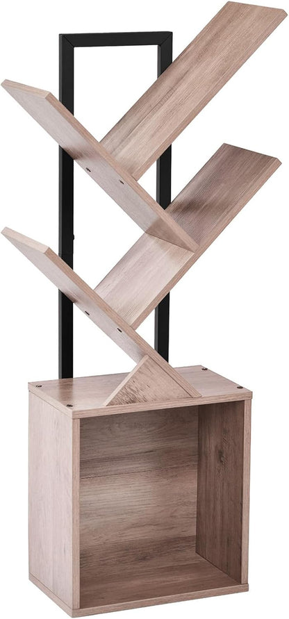 4-Tier Tree Bookshelf Bookcase with Storage Cabinet, Modern Corner Bookshelves, Narrow Wood Book Rack, Mini Floor