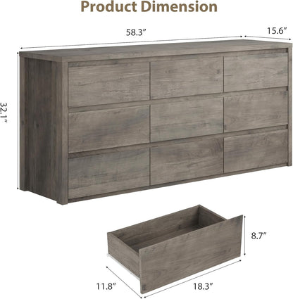 GarveeHome 9 Drawer Dresser for Bedroom, Wide Modern Chest of Drawers, Large Wood Dresser Wooden Storage Organizer for Living Room, Hallway Entryway