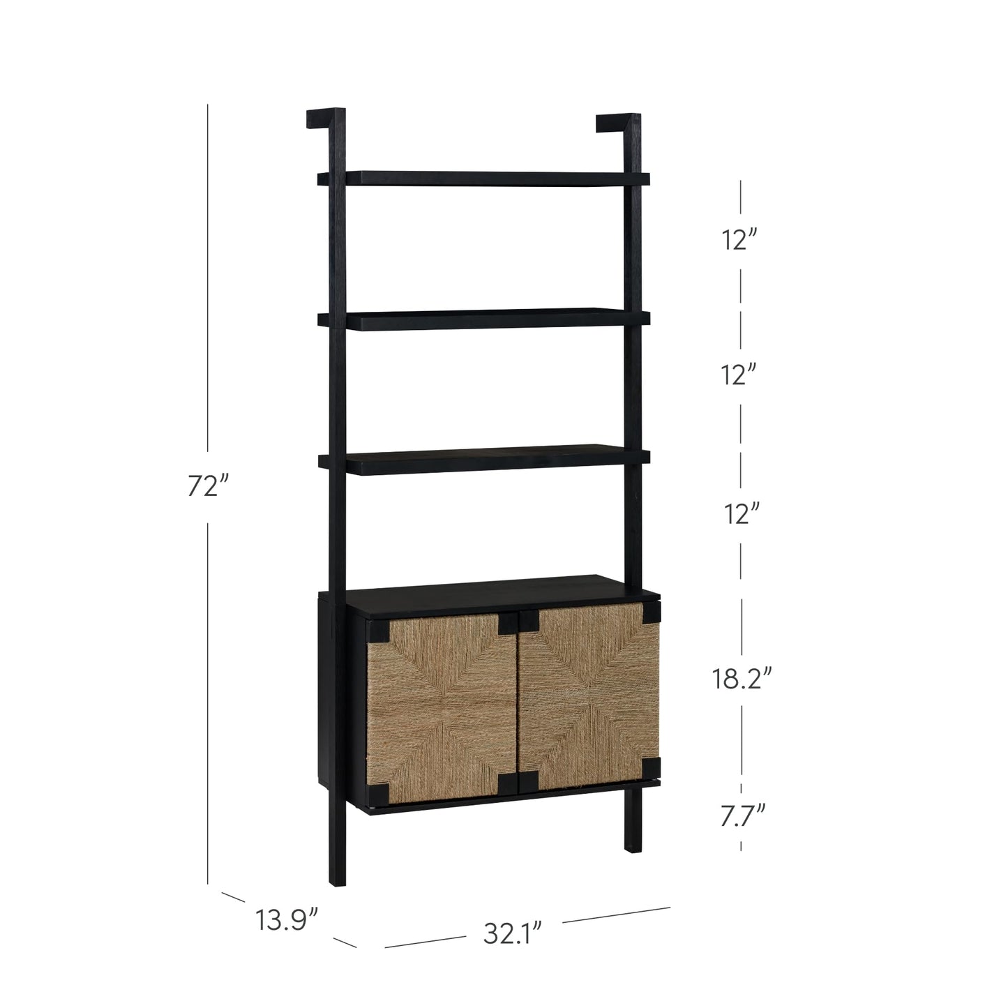 Nathan James Beacon 3-Shelf Bookcase with Seagrass Cabinet, Solid Wood Boho Bookshelf with Storage with Solid Wood Frame, Seagrass/Black