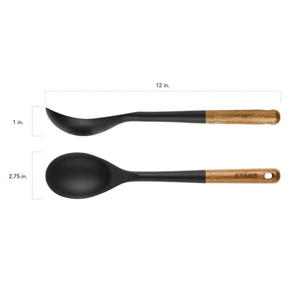 STAUB Serving Spoon, Great for Scooping Sides and Serving Hearty Stews, Durable BPA-Free Matte Black Silicone, Acacia Wood Handles, Safe for Nonstick Cooking Surfaces
