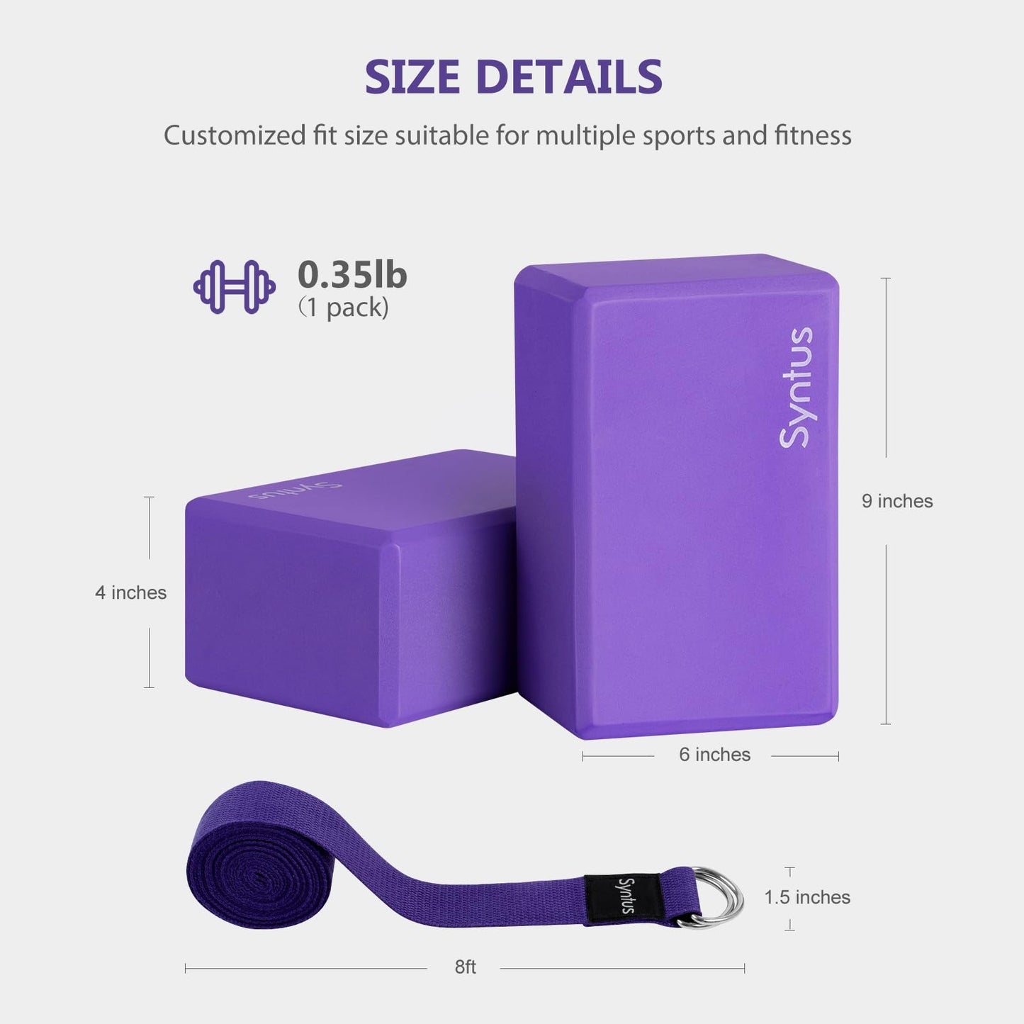 Syntus Yoga Block and Yoga Strap Set, 2 Soft Non-Slip Yoga Blocks 9×6×4 inches, 8FT Metal D-Ring Strap for Yoga, General Fitness, Pilates, Stretching and Toning