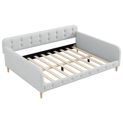 GDFStudio Queen Size Upholstered Daybed with Linen, Solid Pine Wood + MDF Frame, Foam-Filled Backrest, 4 Support Legs, No Box Spring Needed, Sturdy Queen Sofa Bed for Living Room or Guest Room, Beige