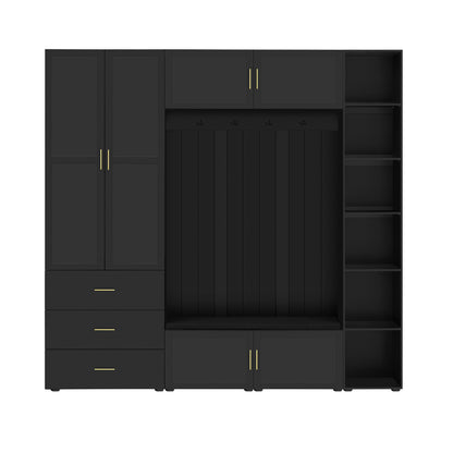 Amposei 94.49’’W Extra Large Hall Tree Cabinet with 6 Doors & 3 Drawers, Tall Entryway Organizer Shoe Storage Bench with 4 Coat Hooks & 6 Open Cubbies for Hallway Mudroom Living Room, Black