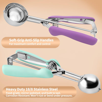 2Pcs Cookie Scoop Set, 18/8 Stainless Steel Cookie Dough Scoops with Lavender & Mint Green Ergonomic Handles, Professional Metal Scooper for Baking, Ice Cream & Cupcakes, 2 Tbsp&3 Tbsp