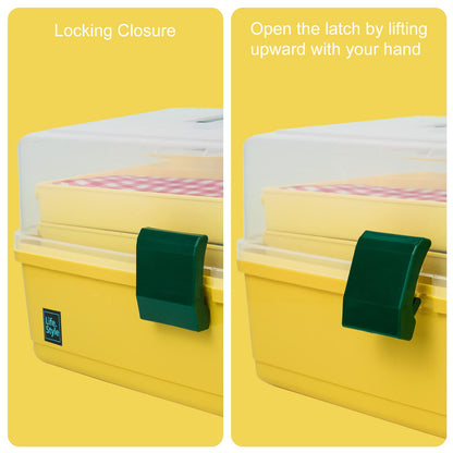 Creahaus 13 inch Art Craft Organizer Storage Box with 3 Layer, Multipurpose Plastic Tool Box with Handle for Sewing, Art Supply, Medicine, Nail, Hair Accessories (Yellow)