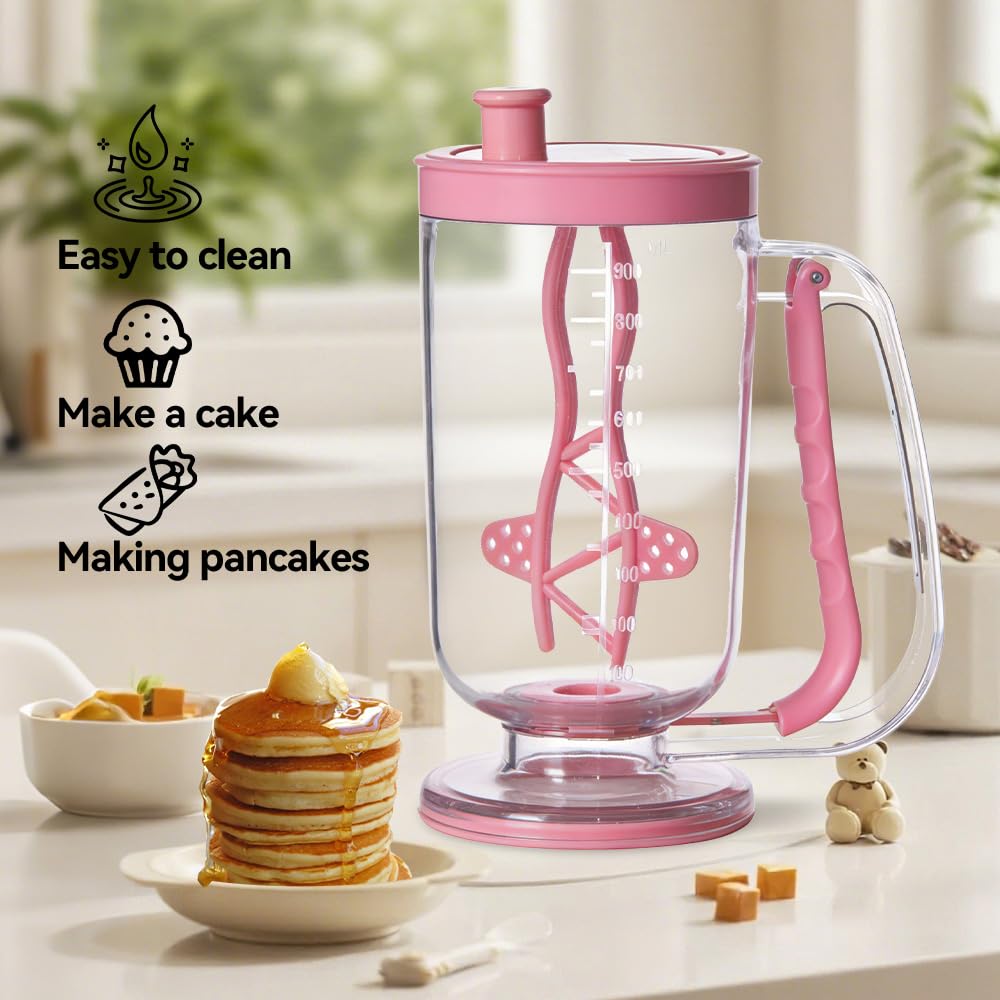 Pancake Batter Dispenser with Built-in Mixer Handle - No-Drip Handheld Funnel for Pancakes, Baking, Waffles, Cupcakes & Muffins - Easy Squeeze Baking Tool for Perfect Portions (Pink with Mixer)