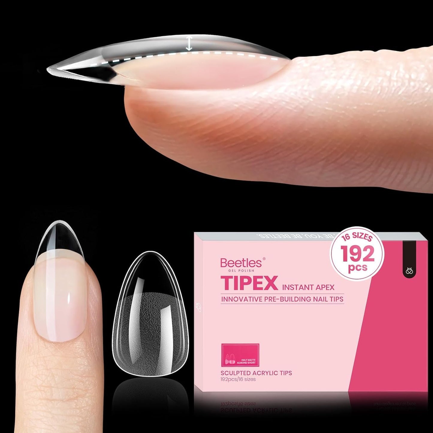 Beetles Tipex Gel Nail Kit, Medium Almond Nail Tips 224 Pcs 16 Sizes Pre-Building Pre-Etched Thick Acrylic Tips with Tipex Glue, Mini Lamp