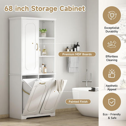 68" Bathroom Storage Cabinet with Double Tilt Out Laundry Hamper, Tall Freestanding Linen Cabinet with Adjustable Shelves & Door Organizer, Hidden Laundry Sorter for Bathroom Laundry Room, White,White