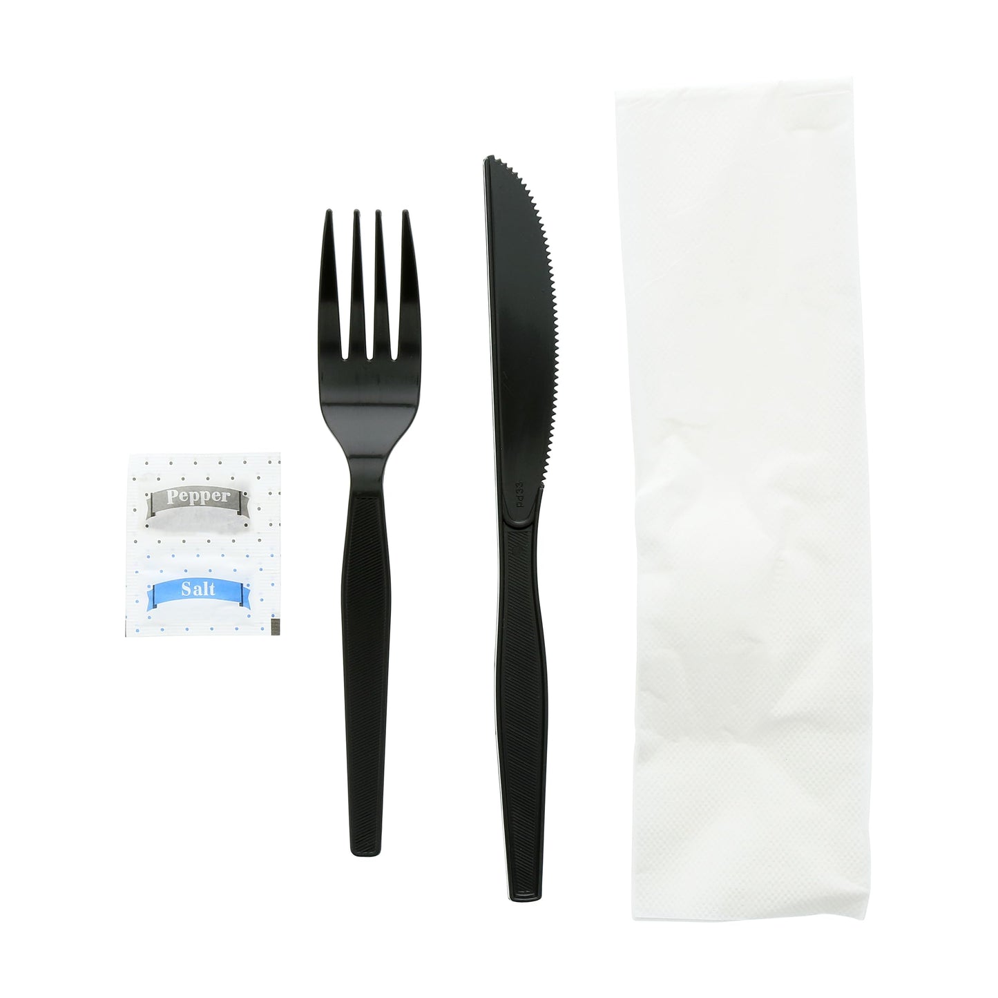 AmerCareRoyal 5-in-1 Disposable Silverware Heavy Duty Plastic Utensil Set with Fork, Knife, Salt & Pepper Packets, 13x17 inch 2-ply Napkin - Individually Wrapped Cutlery Meal Kit, Black, Case of 500