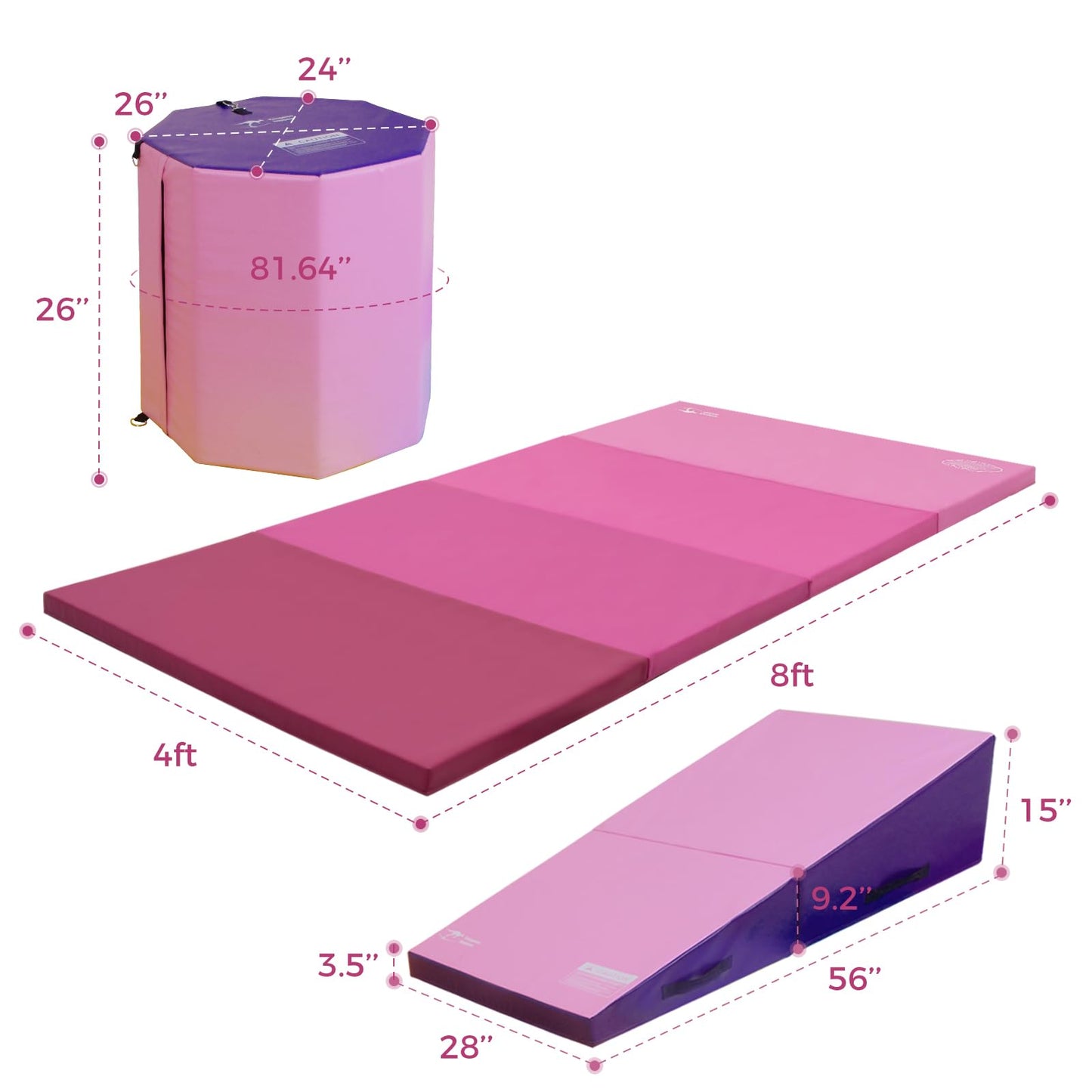 Kangaroo Hoppers 4×8 FT Gymnastics Set, 24"x26" Octagon Tumble Mat, 56”x28”x15” Wedge Cheese Mat for Kids Tumbling, Skill Training, Home Gym Exercise (Gradient Pink)
