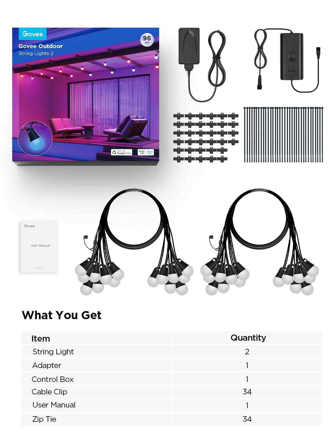 Govee Smart Outdoor String Lights 2, 144ft Outdoor Lights with Dimmable Warm White LED Bulbs, 47 Scene Modes for Patio, Backyard, Balcony, IP65 Waterproof, Works with Alexa, App Control
