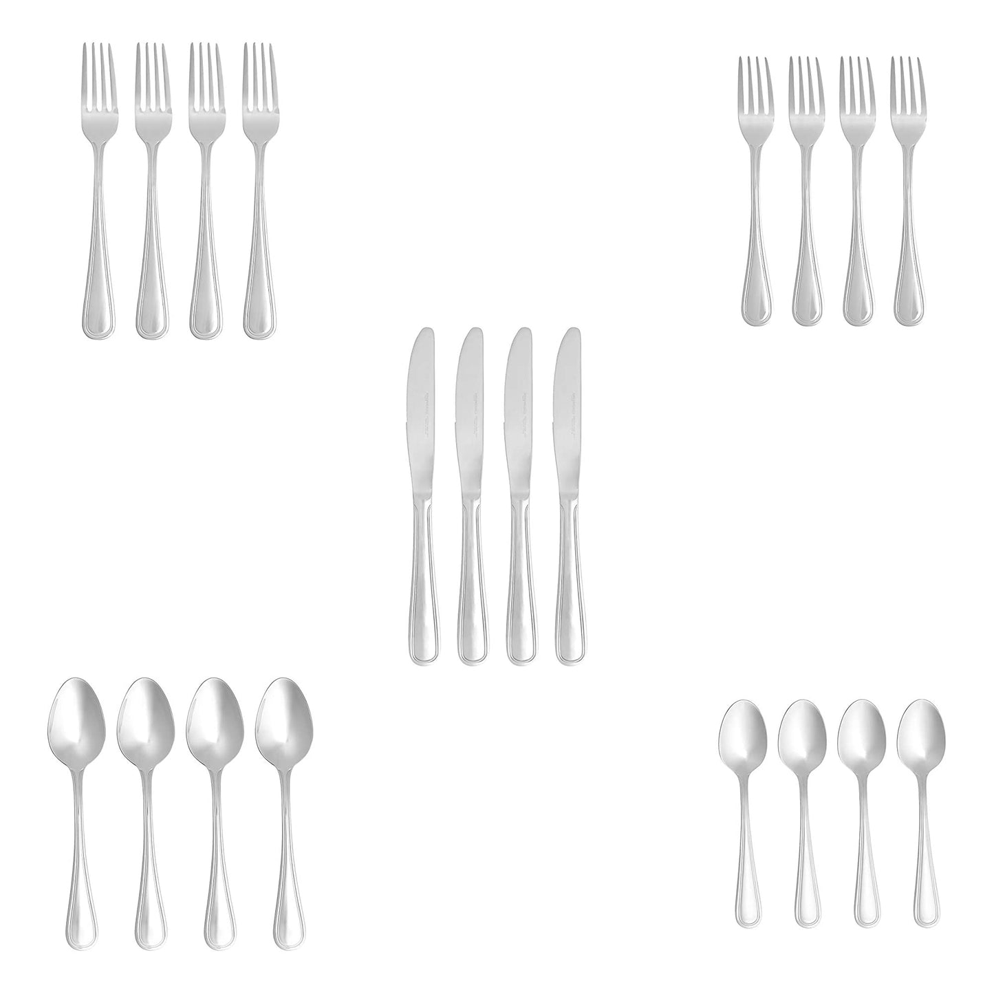 Amazon Basics Silverware Set, Stainless Steel Flatware, Dishwasher Safe, Service for 4, 20-Piece Forks and Spoons, Crown Edge, Everyday Use